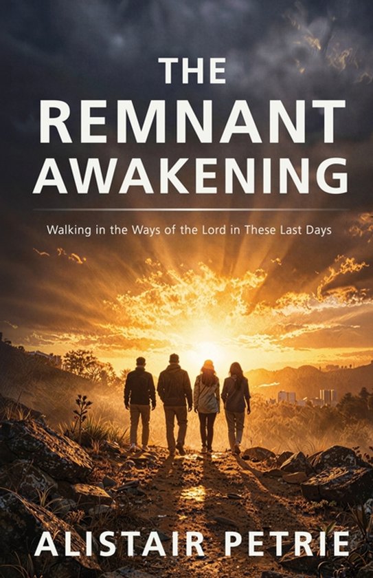Boek 'The Remnant Awakening' van Alistair Petrie. Vier silhouetten lopen naar een zonsondergang, met de titel erop.