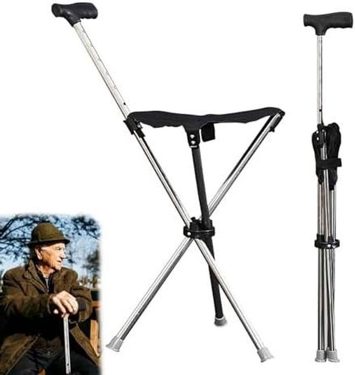 Wandelstok met Zitting - Opvouwbare Steun - Rust Moment - Verstelbare Hoogte - 80-90 cm - Zwart