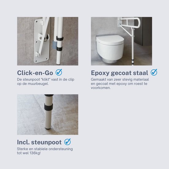 Afbeeldingen van de toiletbeugel: bevestiging, naast toilet, steunpoot. "Click-en-Go", "Epoxy gecoat staal", "Incl. steunpoot tot wel 136kg!".