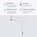 Opklapbare toiletbeugel met steunpoot. "Opklapbaar", "Tot 136 kg", "Stabiel en stevig", "In hoogte verstelbaar".