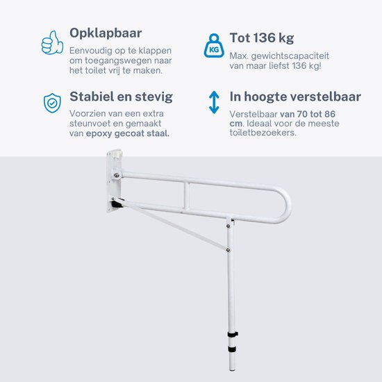 Opklapbare toiletbeugel met steunpoot. "Opklapbaar", "Tot 136 kg", "Stabiel en stevig", "In hoogte verstelbaar".