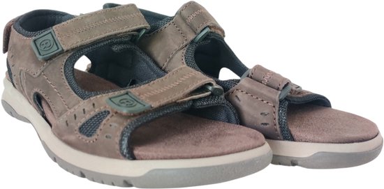 Bruine nubuck sandalen met klittenbandsluiting, logo en een taupekleurige zool.