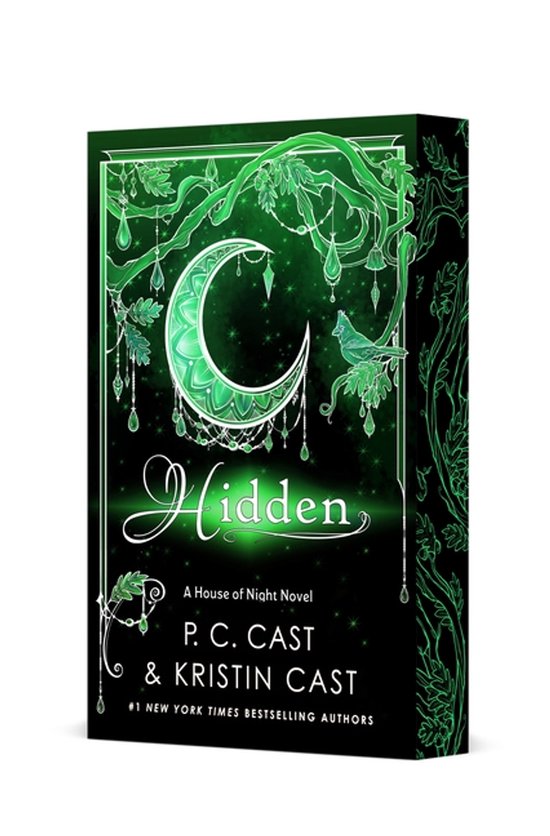 Boek kaft met een groene halve maan en takken, met de titel 'Hidden'.