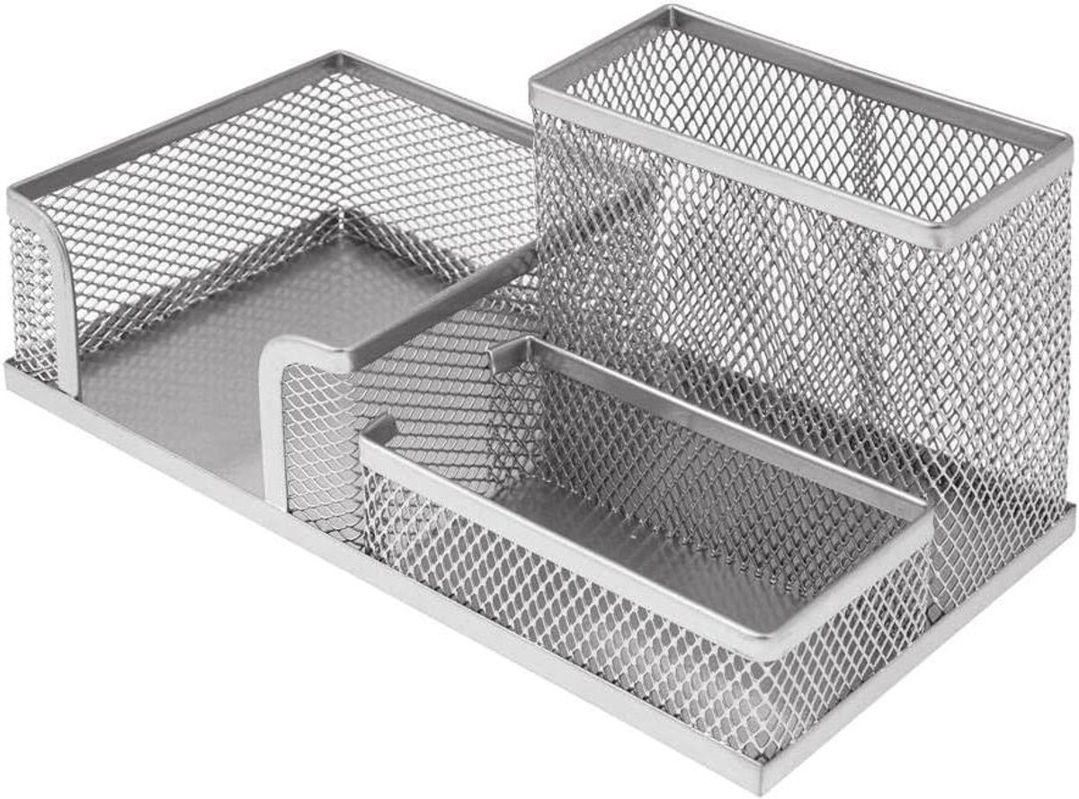 Bureau Organizer - Pennenhouder Bureau - Bureau Opruimen - Metalen Weefsel - 3 Vakken - Zilver
