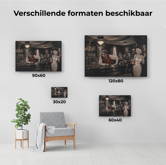 Verschillende formaten van een canvas schilderij met Marilyn Monroe, Elvis Presley en Humphrey Bogart in een retro bar.