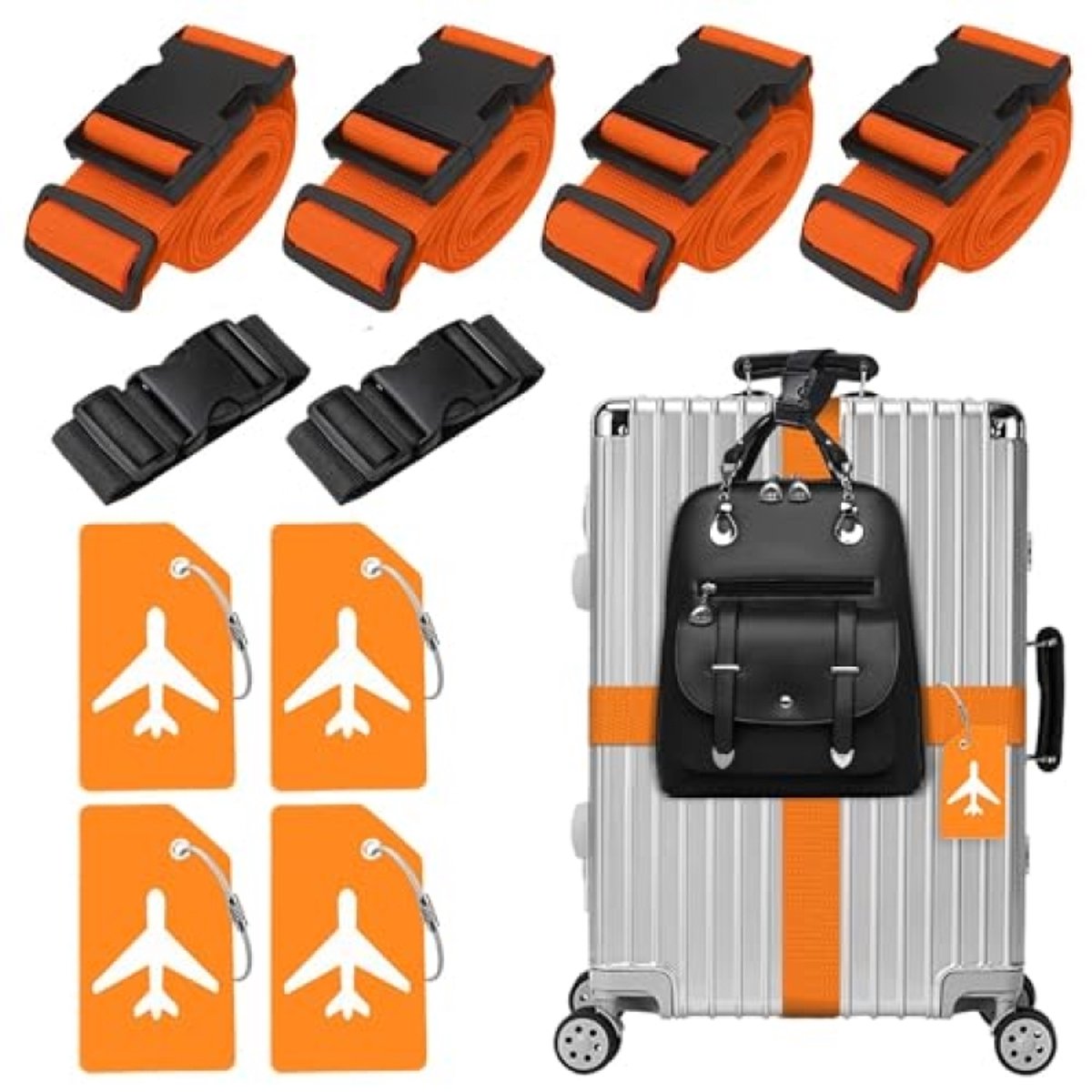 4 stuks kofferriemen, 4 kofferlabels en 2 bagageriemen - Verstelbare bagagebanden - Oranje