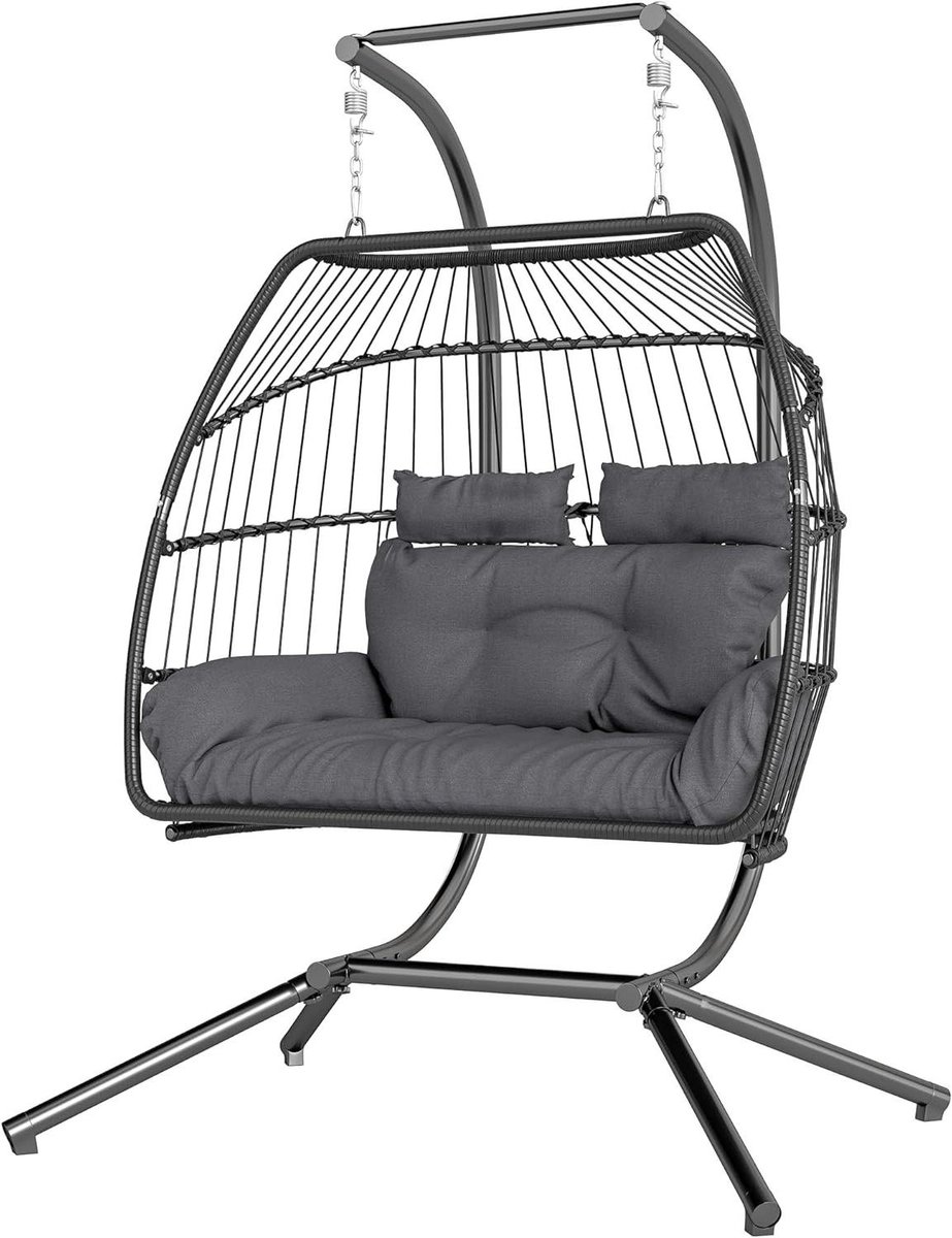 Hängesessel mit Gestell - Hangstoel Lounge stoel - Ontspannen in de tuin - Opvouwbaar ontwerp - 185 cm hoog - Donkergrijs