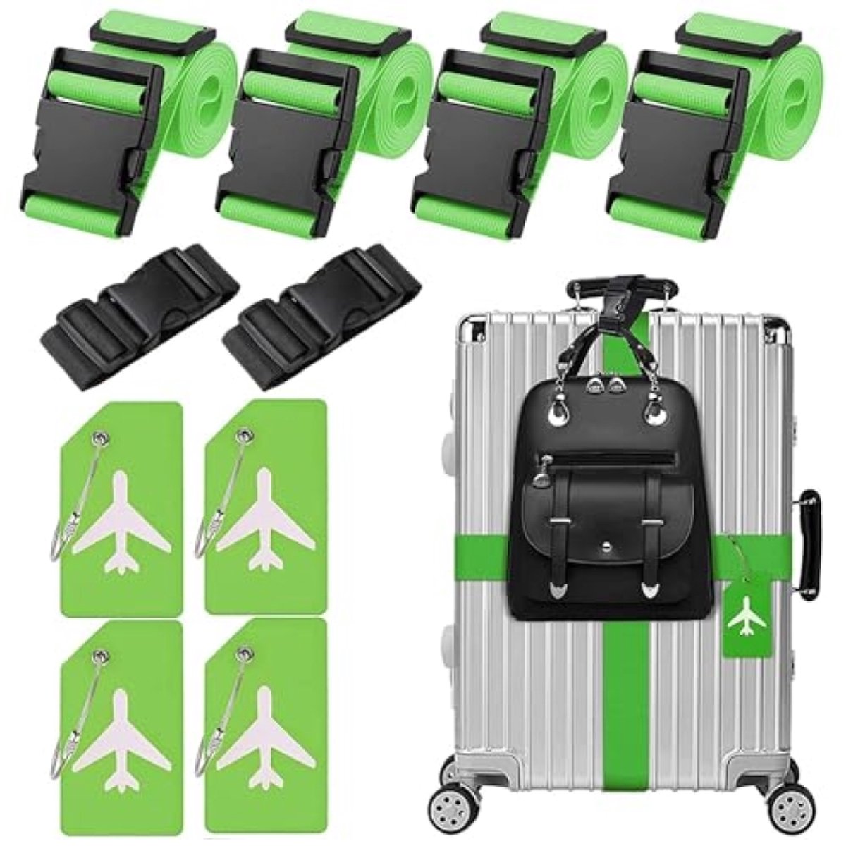 4 stuks kofferriemen + 4 kofferlabels + 2 bagageriemen voor extra bagage, verstelbaar, 100-185 cm, groen