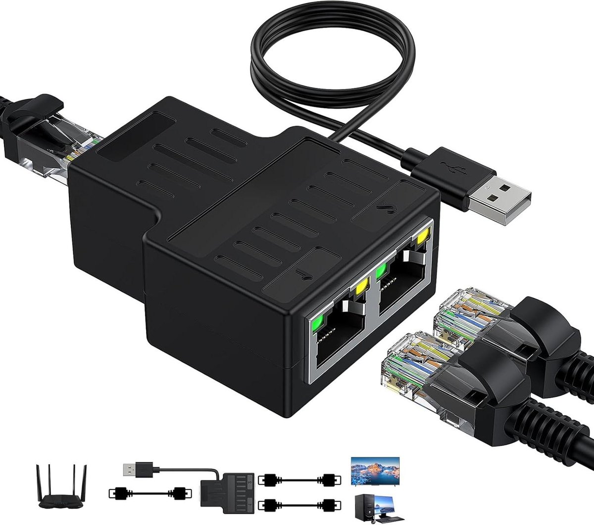 Ethernet Splitter - Netwerk Switch - Internet Delen - 100Mbps Snelheid - 2 Poorten - Zwart