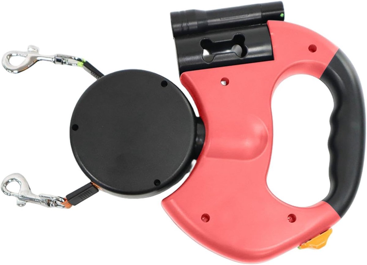 VHV - Hondenriem - Hondenriem 3 meter - Uitschuifbare dubbele hondenriem - 3 meter lange dubbele riem - Voor twee honden - Flexibele dubbele hondenriem - Met antisliphandvat - Voor kleine en middelgrote honden - Rood