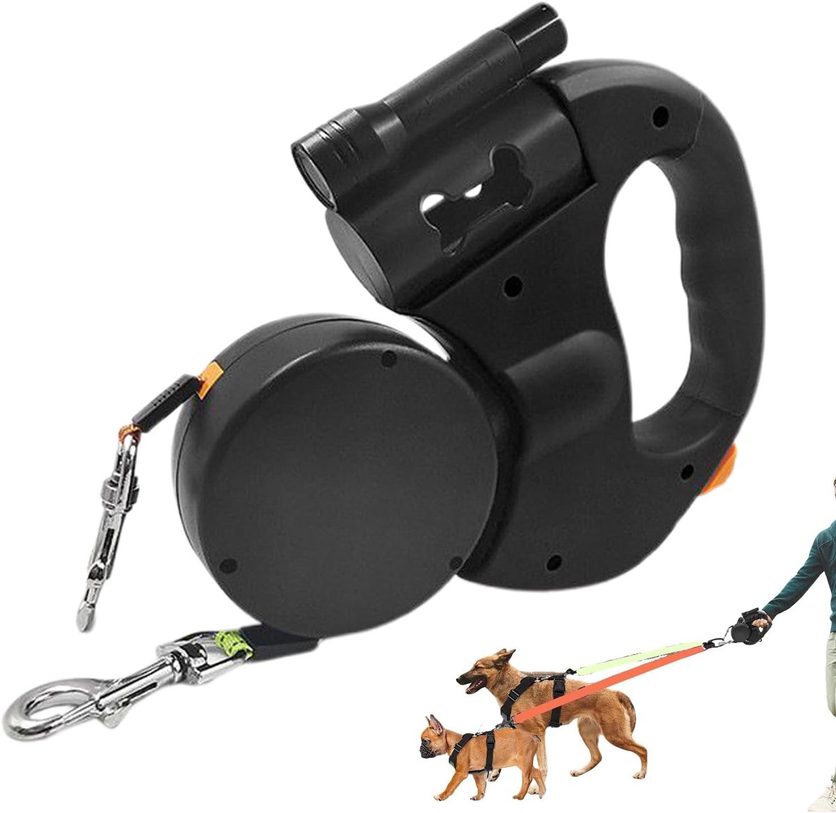 VHV - Hondenriem - Hondenriem 3 meter - Uitschuifbare dubbele hondenriem - 3 meter lange dubbele riem - Voor twee honden - Flexibele dubbele hondenriem - Met antisliphandvat - Voor kleine en middelgrote honden - Zwart