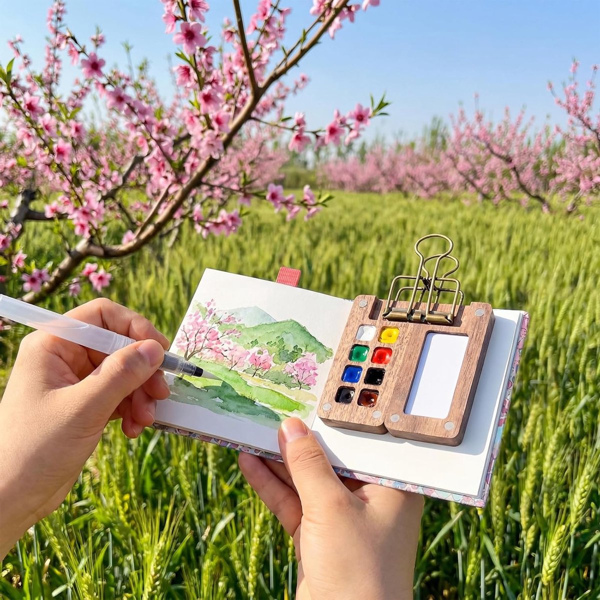 Compacte Reis Waterverf Set met Schetsboek, 8 Vakken, Draagbare Houten Doos, Inclusief Klemmen, Waterverf Brush Pennen en Papier voor Kunstenaars en Studenten