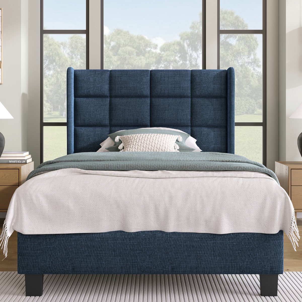 VVBV Gestoffeerd bed 90x200 / Eenpersoonsbed 90x200 – met Lattenbodem – Hoofdbord – Linnen – Blauw – Zonder Matras – Gestoffeerd Eenpersoonsbed Grijs