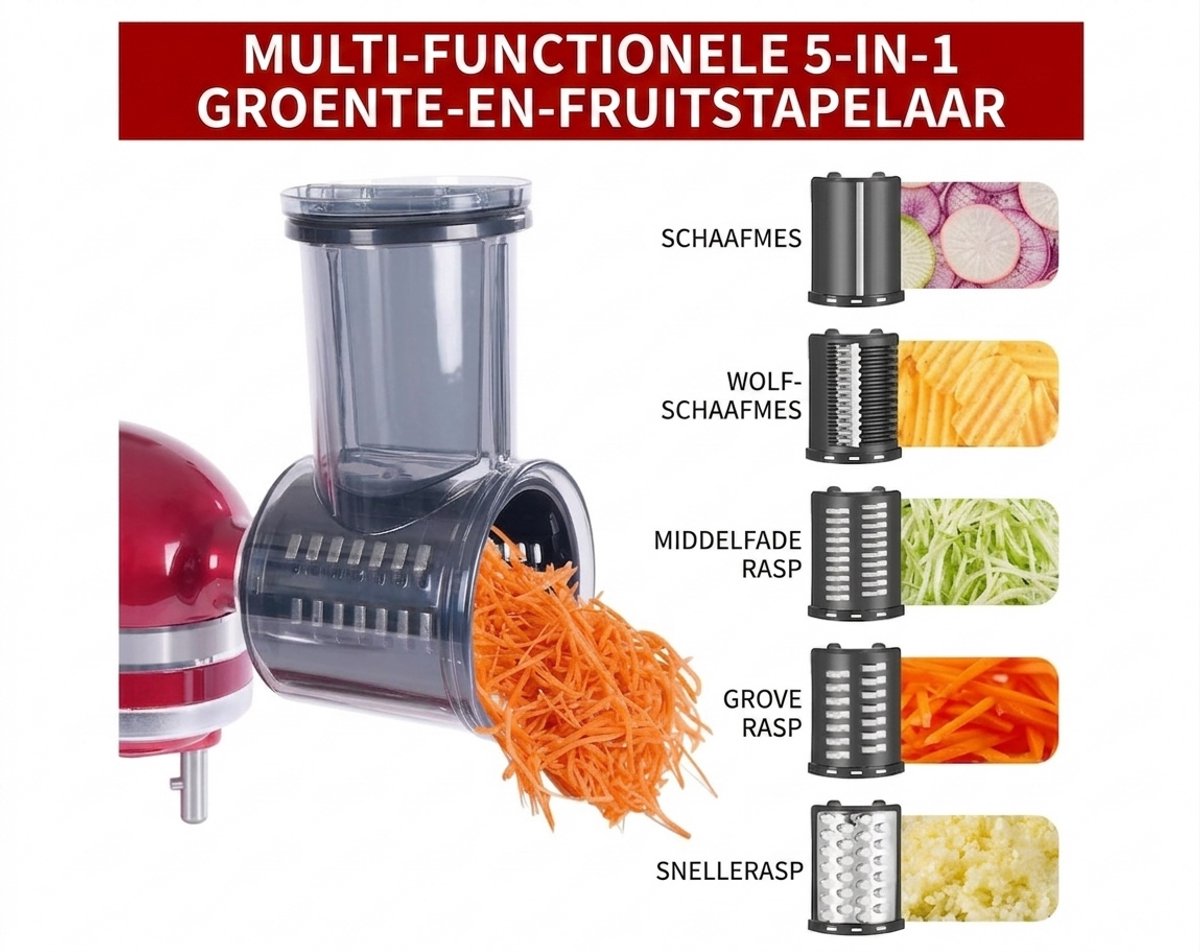 Groentesnijder en Rasp Accessoire voor KitchenAid – Inclusief 3 Snijbladen – Roestvrij Staal – Keukenmachine Opzetstuk