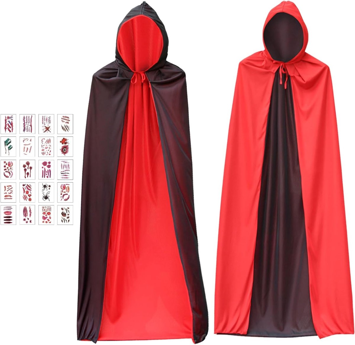 Zwart Rood Halloween Kostuum met Kap voor Vampiers - Middeleeuwse Cape van 90 cm en 20 Bladen Waterdichte Tijdelijke Stickers voor Carnaval en Cosplay