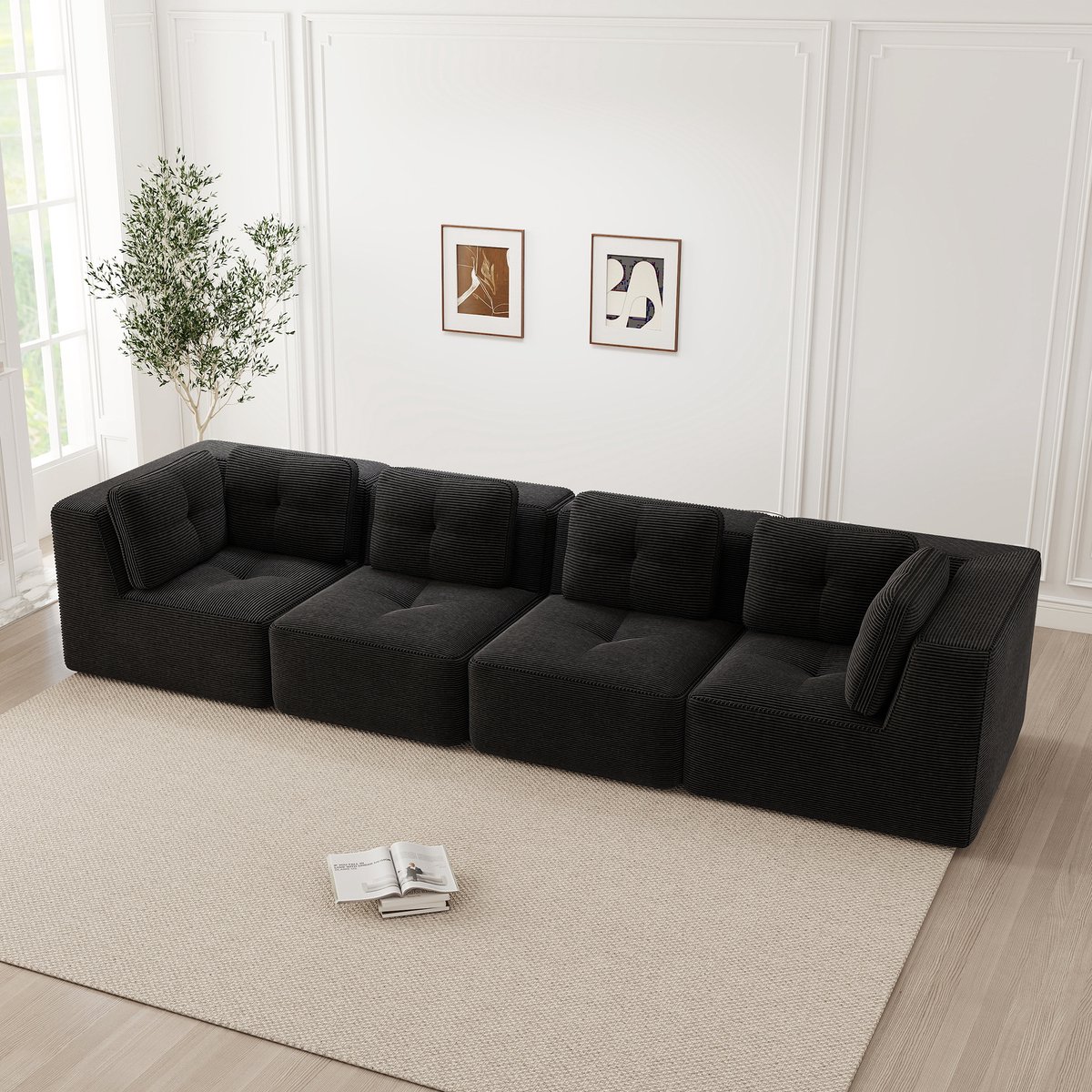 MODFU Modulaire Hoekbank - Diepe Zitting En Antislip Voeten - Modern - Voor Woonkamer - Ribstof - Zwart