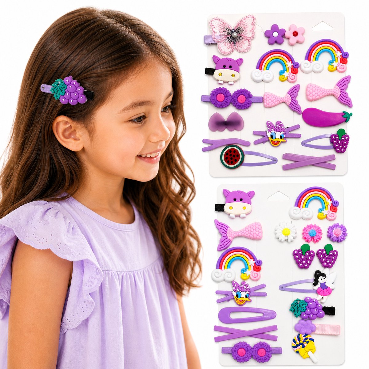 Tolvia Kinder Haarclips Set - 28 Stuks (2-Pack) - Cartoon Haaraccessoires voor Meisjes - Kleurrijke Haarspeldjes - Roze & Paars