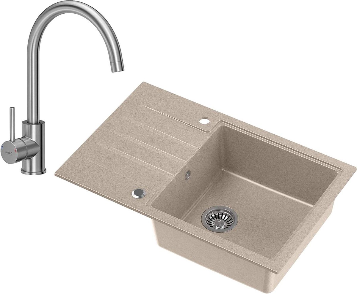 Spoelbak met kraan - Keukengootsteen Composiet - Keukenwerk - Moderne Granieten Uitstraling - 78 x 50 cm - Beige