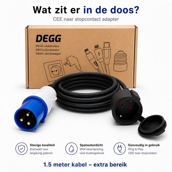 CEE naar stopcontact adapter, 1,5 meter lange kabel. Zwarte kabel, blauw/witte CEE-stekker, zwarte adapter. IP44.