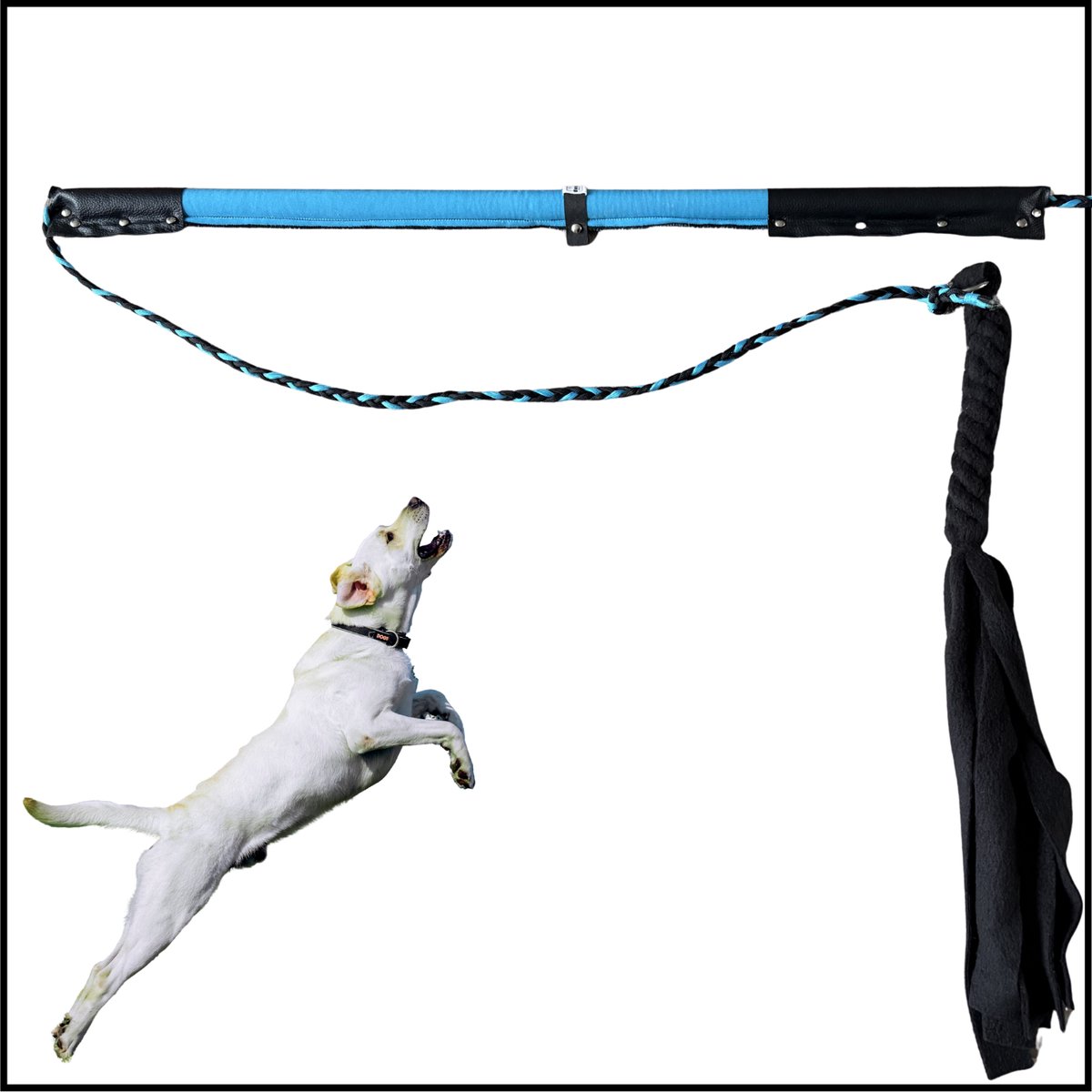 Hondenspeelgoed Flirt Pole maat 1 in de kleuren felblauw en antraciet. Hondenhengel - hondentraining - trekspel - speeltrektouw - tug rope - trainingspeelgoed - speelhengel - focus training - hondenspeeltouw - dog training -ShukoGear by MadeByShuko