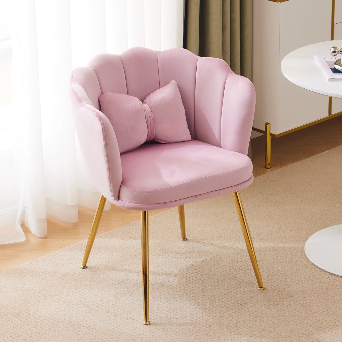 Fauteuil - Eetkamerstoel - Fluwelen Stoelen - Modern design - Rugleuning in de vorm van bloemblaadjes - Geschikt voor de woonkamer, slaapkamer - Roze