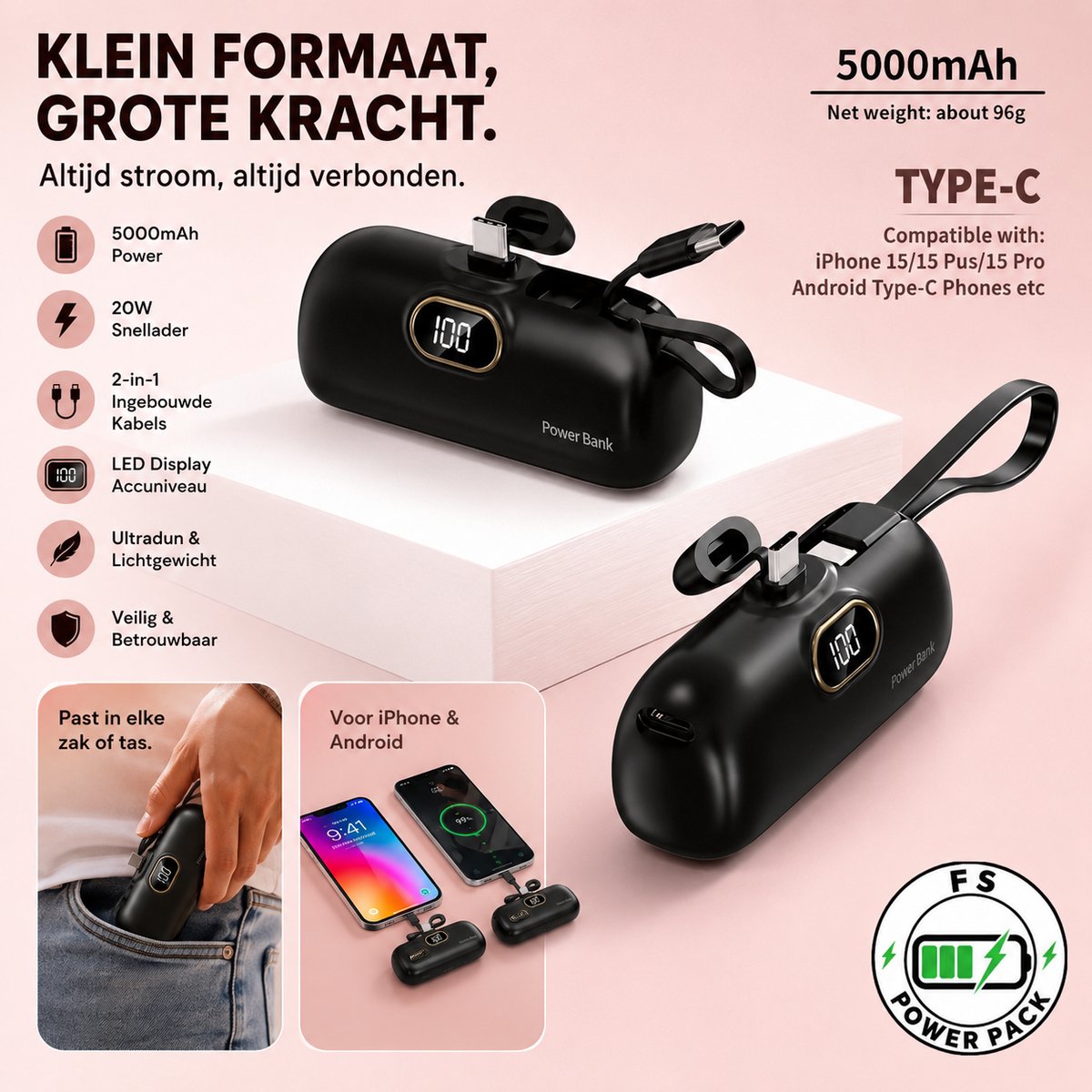 Premium Design 2026 Mini Powerbank 5000mAh – 2-in-1 Met Ingebouwde Kabels – 20W Snellader – Ultradun & Draagbaar – LED Display – Type-C & iPhone/Samsung FS Power Pack Mini Powerbank 5000mAh –Zwart/Wit- Ideaal Noodpakket / Kerstcadeau / Black Friday