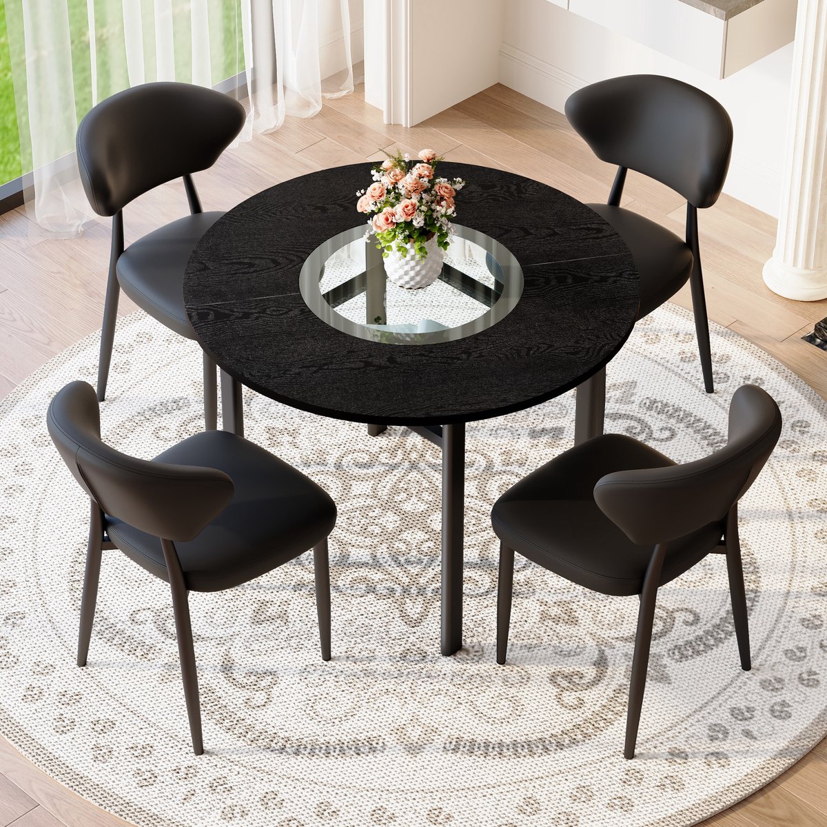 Minimalistische ronde tafelset (met 4 zwarte fauteuils van PU-materiaal en gebogen comfortabele rugleuning), ronde tafel met een diameter van 100 cm in zwart houtlook, geschikt voor de woonkamer etc.