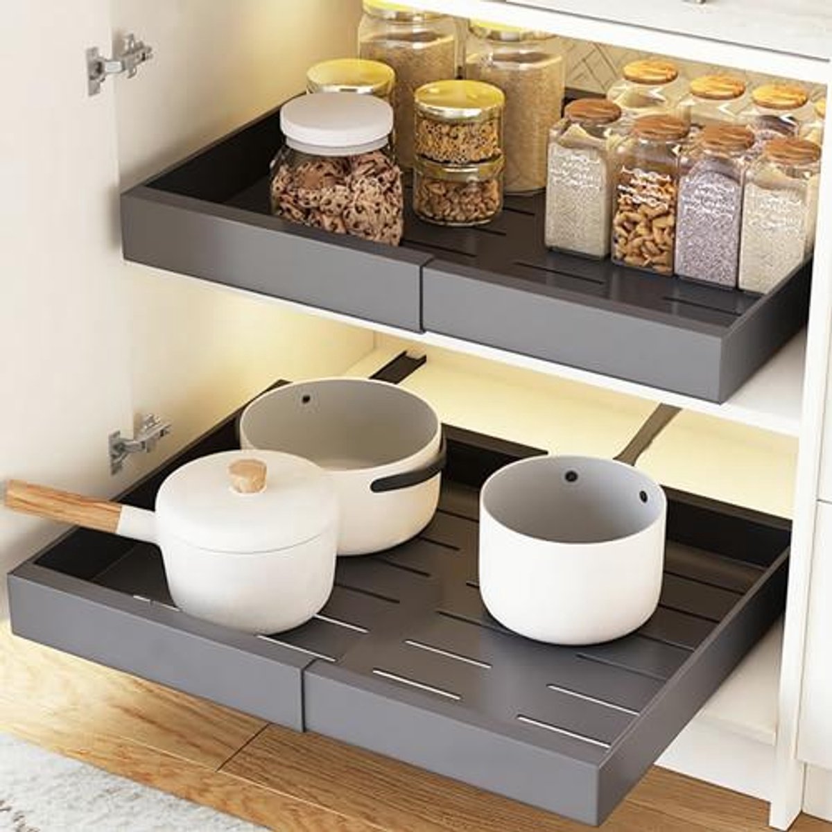 Telescopische Keukenlade, Grijs, 52 cm, 2-delige Set Voor Kast, Kookgerei, Blikjes, Potten, Matte Afwerking