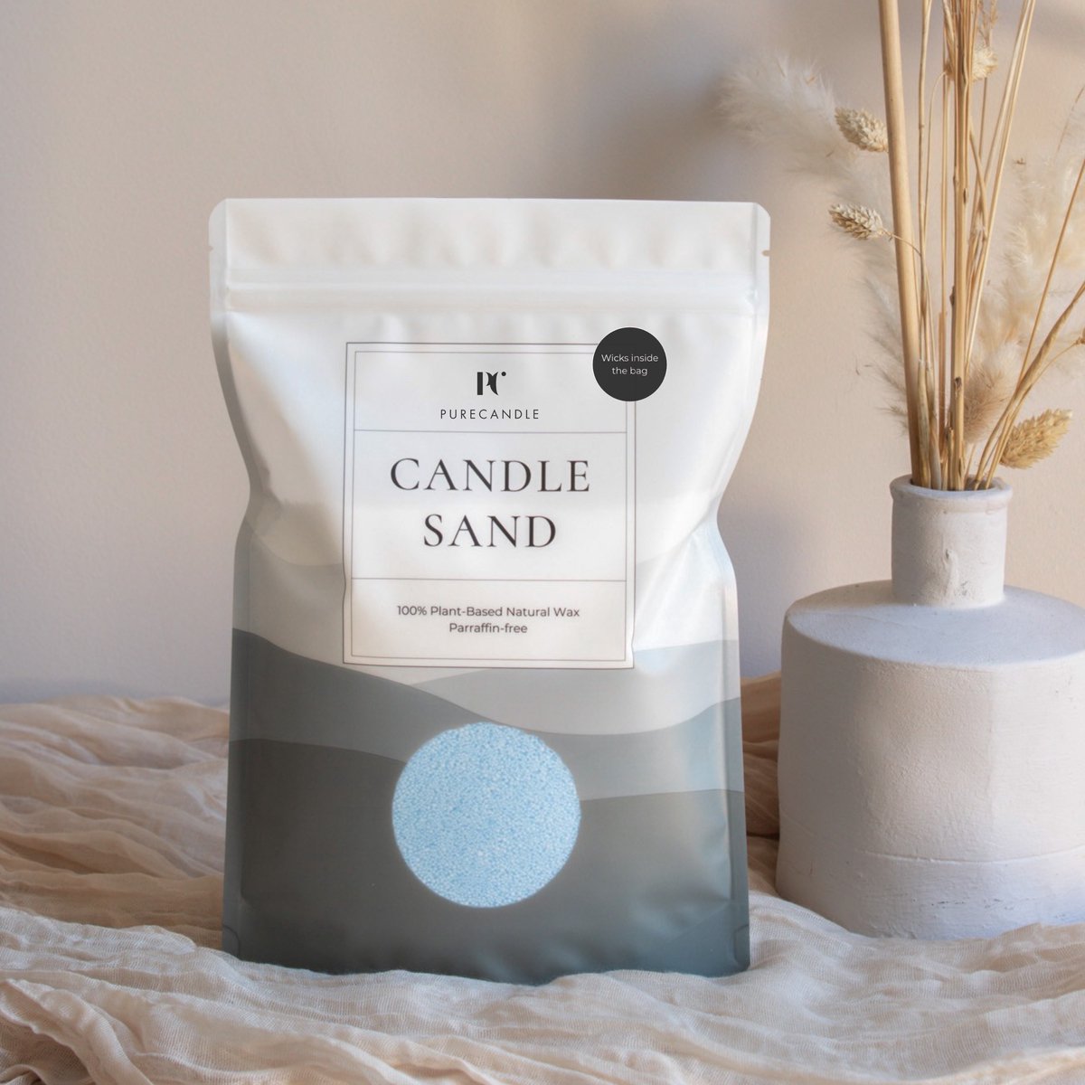 PureCandle Kaarsenzand met Lonten – Lichtblauw – 450g (740ml) – 20 Lonten – Voor Herbruikbare Kaars - Kaarspoeder - Origineel en leuk Cadeau - Poederkaars - Kaars parels