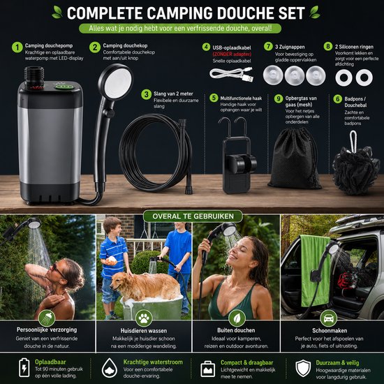 Camping Douche - Oplaadbare Accu - Elektrische Outdoor Douchepomp - Buiten Douche - LED Display - Staza