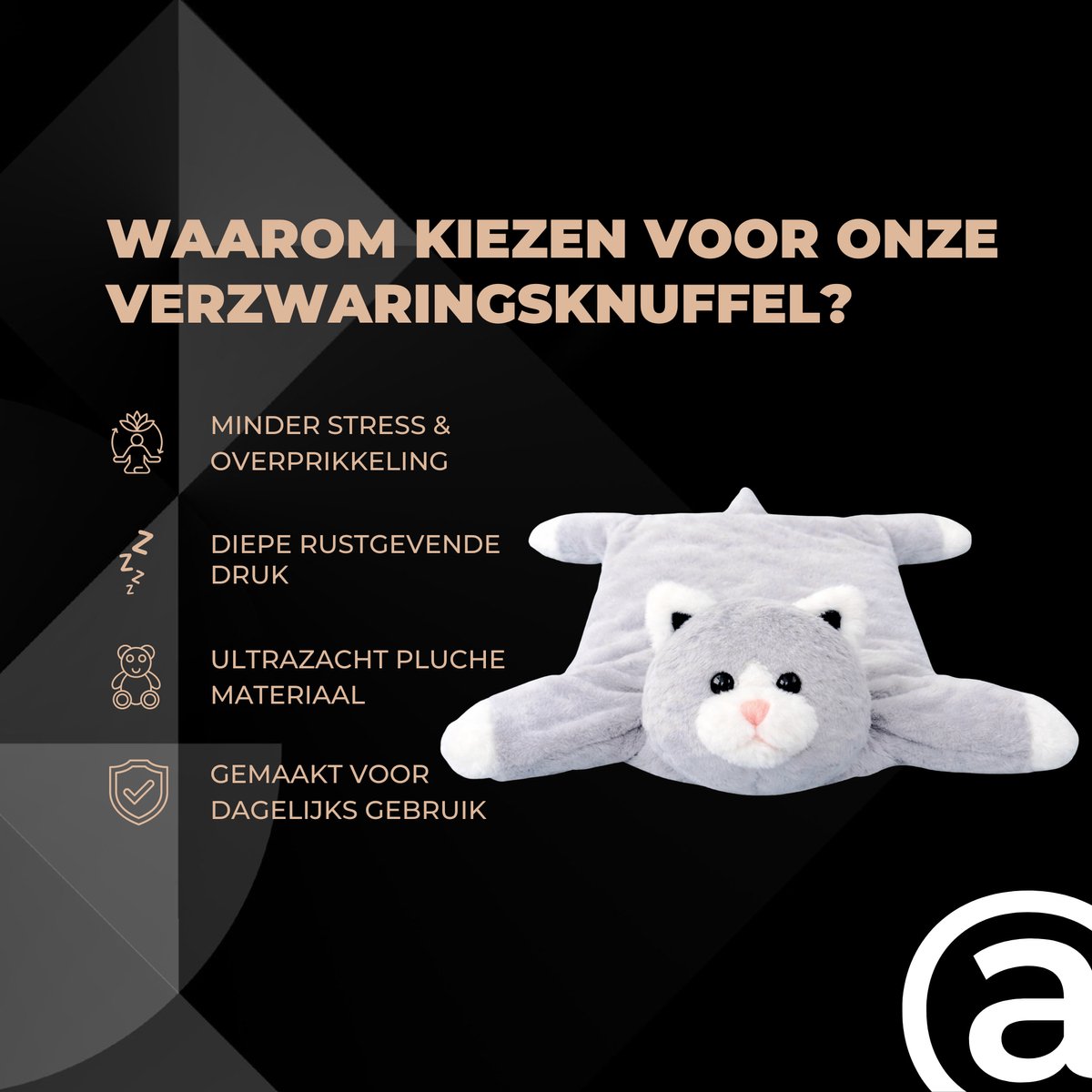 ADEL Verzwaringsknuffel Kat 2 kg – Zachte Verzwaarde Knuffel / Weighted Stuffed Animal – Verzwaringskussen Kind & Volwassenen – Rustgevend Knuffeldier — afbeelding 3
