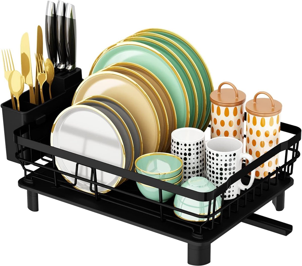 Afwasrek met Waterafvoer – Druiprek Keuken voor Borden, Glazen & Bestek – Compact en Ruimtebesparend Afdruiprek – Uitneembare Bestek- en Messenhouder – Roestbestendig Carbonstaal – Zwart – 43x33x15 cm