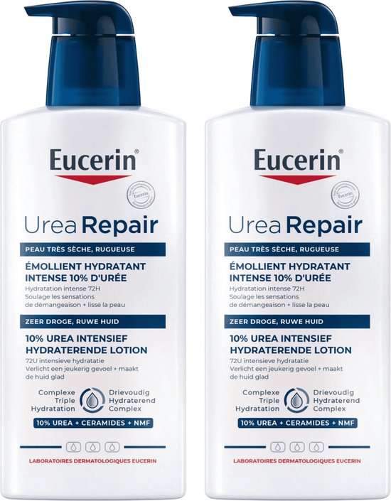 Twee flessen witte Eucerin Urea Repair lotion met blauwe pompjes. De tekst op de flessen vermeldt '10% Urea Intensief Hydraterende Lotion'.