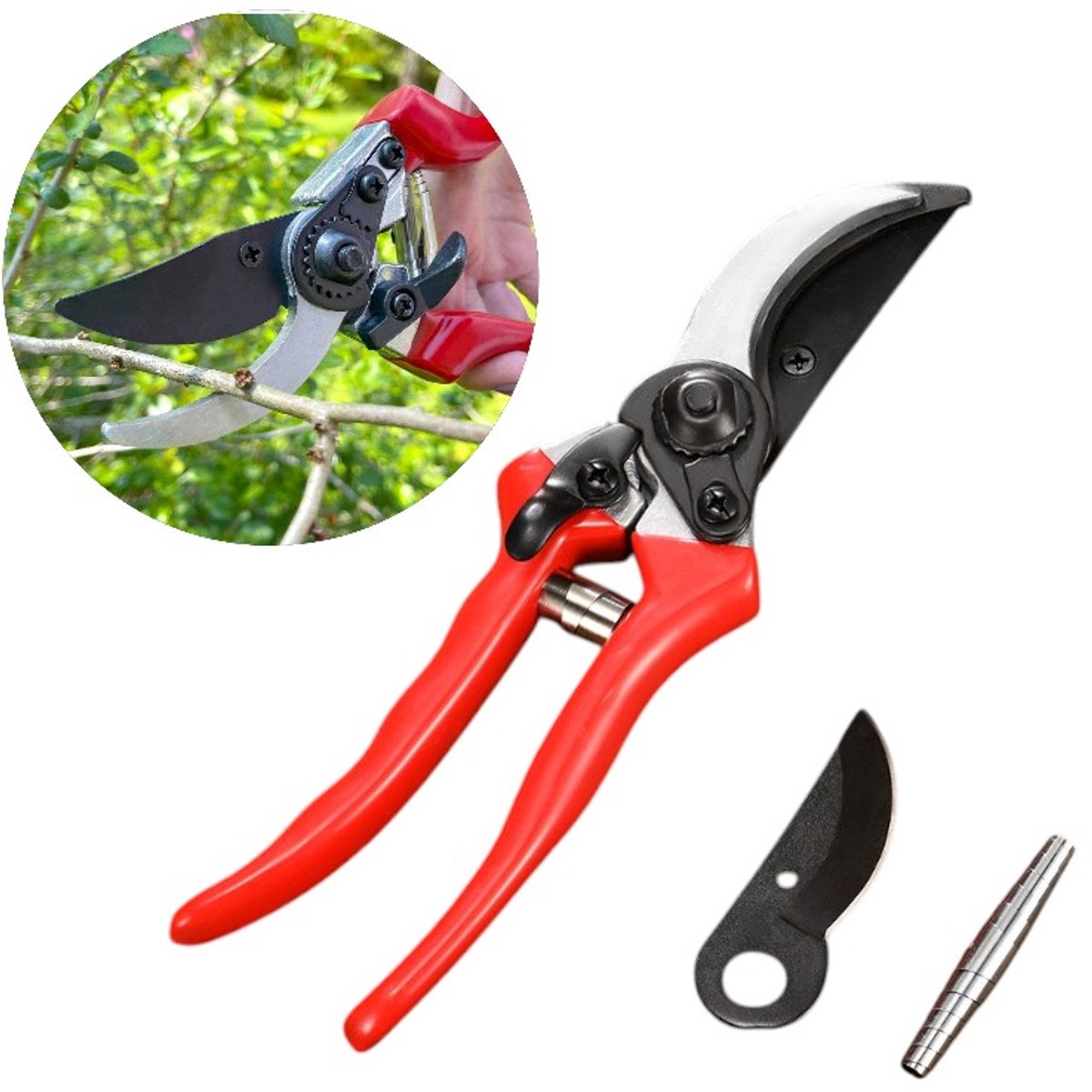 Professionele rode snoeischaar van 20 cm (8 inch) voor in de tuin - inclusief één reservemes en één reserveveer - geschikt voor het snoeien van takken.