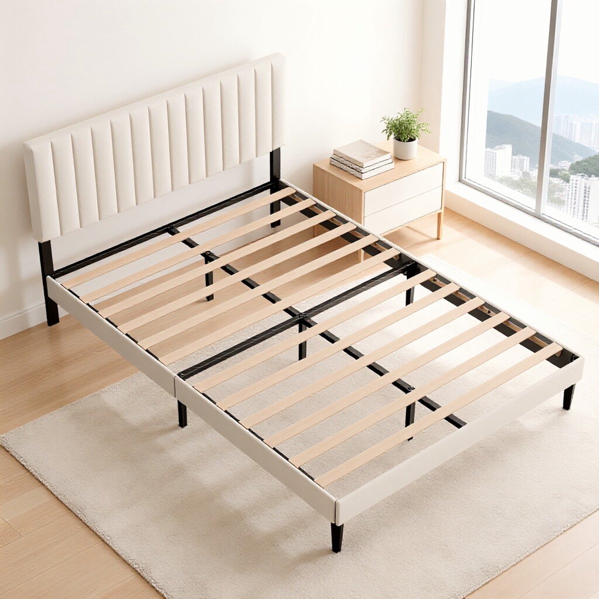 Lonheo Gestoffeerd Bed 140x190 cm - Tweepersoonsbed - Verticale Strepen Stijl - Opbergruimte Onder Het Bed - Met Lattenbodem - Stevig Metalen Bedframe - Anti Slip - Verstelbaar Hoofdeinde - Grijs