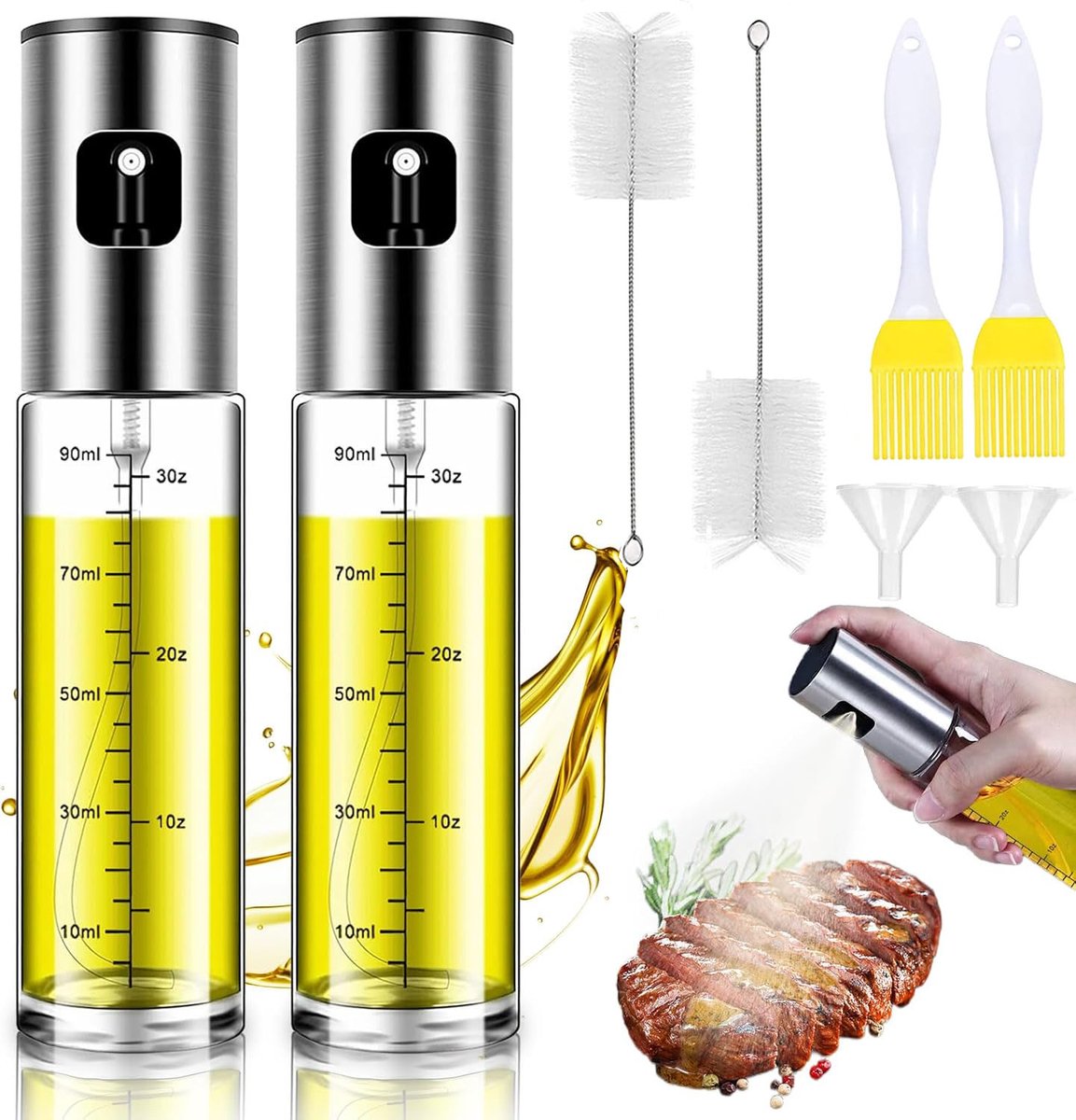 2x Oliespray Fles 100ML - Olieverstuiver voor Airfryer & BBQ - RVS en Glas - Fijne Nevel Spray voor Olie, Azijn & Sojasaus - Inclusief Trechters en Borstels - BPA Vrij - Hervulbare Oliespuit Set