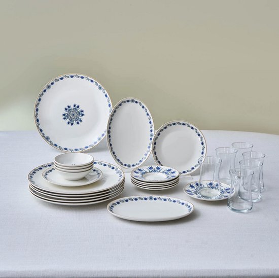 Karaca İznik Bone China Service de petit-déjeuner/de table 26 pièces - 6 personnes - Multicolore - Tasses à thé, bols et assiettes
