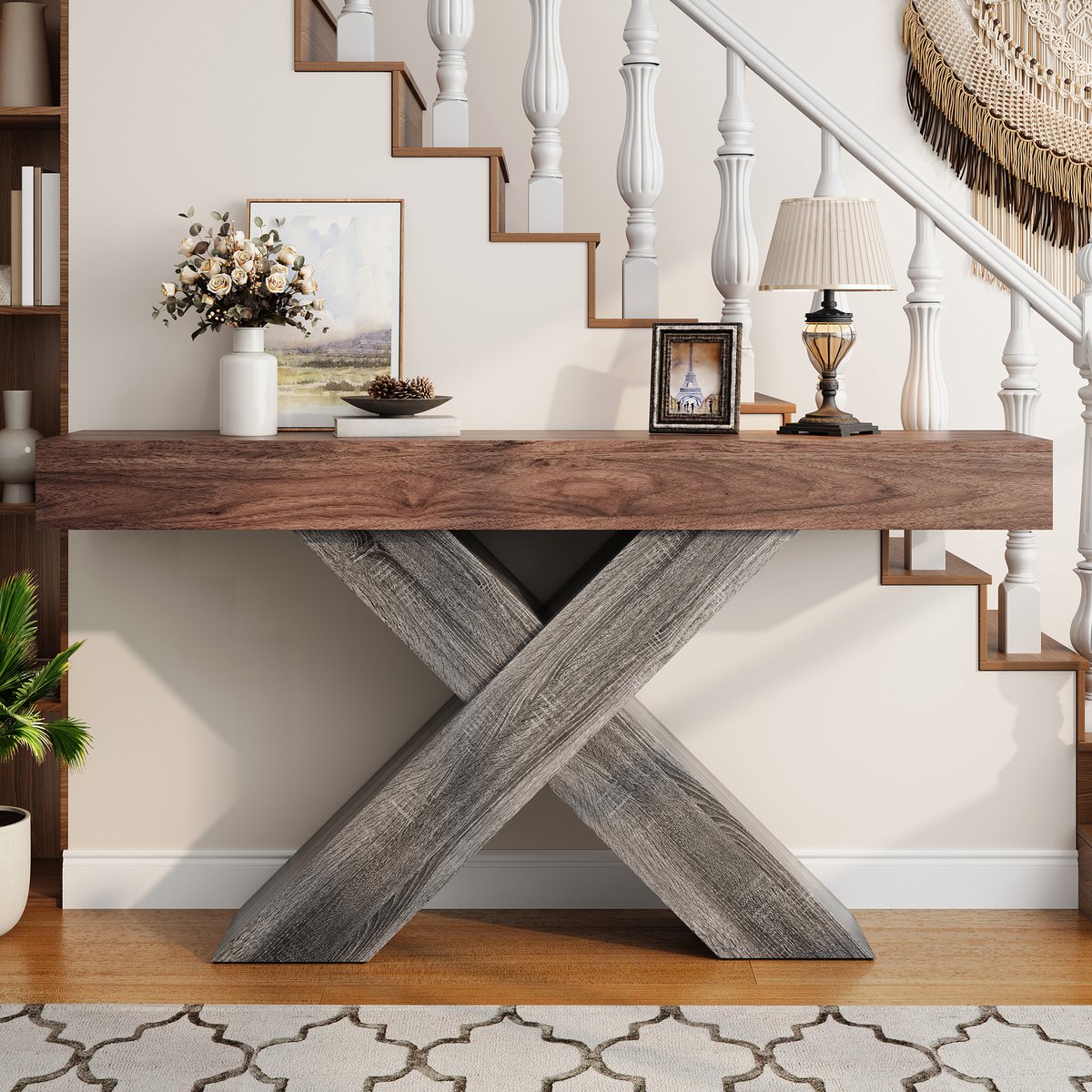 Sidetable 140x30x80 cm - smalle consoletafel in walnootlook - haltafel met X frame - voor hal woonkamer of achter bank