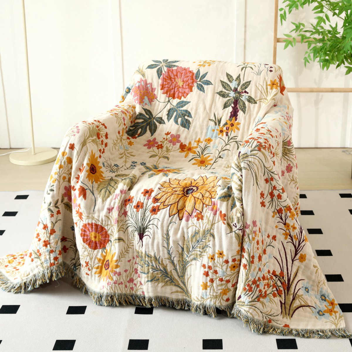 Boho-sprei- 100% katoen- dubbelzijdige decoratieve lentesprei met franjes- voor het hele jaar door bruikbaar- mousseline deken met prachtig bloemenpatroon- geschikt voor eenpersoonsbed- 150 x200cm — cadeau in Wonen & Interieur - foto 6