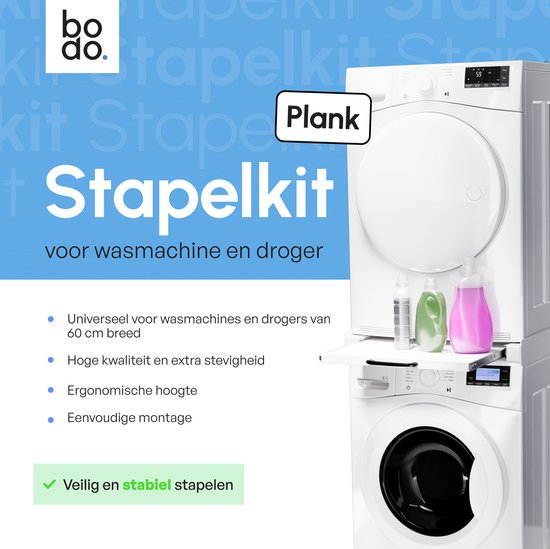Witte stapelkit voor wasmachine en droger, met uitschuifbare plank en de tekst 'Plank'.