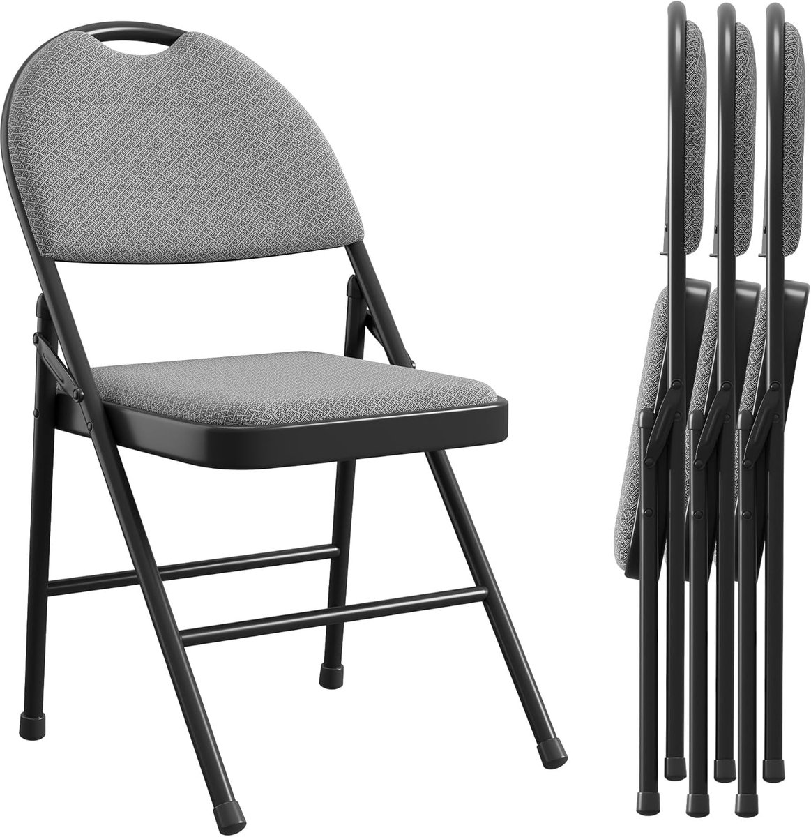 HOERFURIY Set van 4 Luxe Klapstoelen - Metalen Frame met Zachte Zitting (Katoen/Linnen) - Ruimtebesparend - Voor Binnen & Buiten - Zwart
