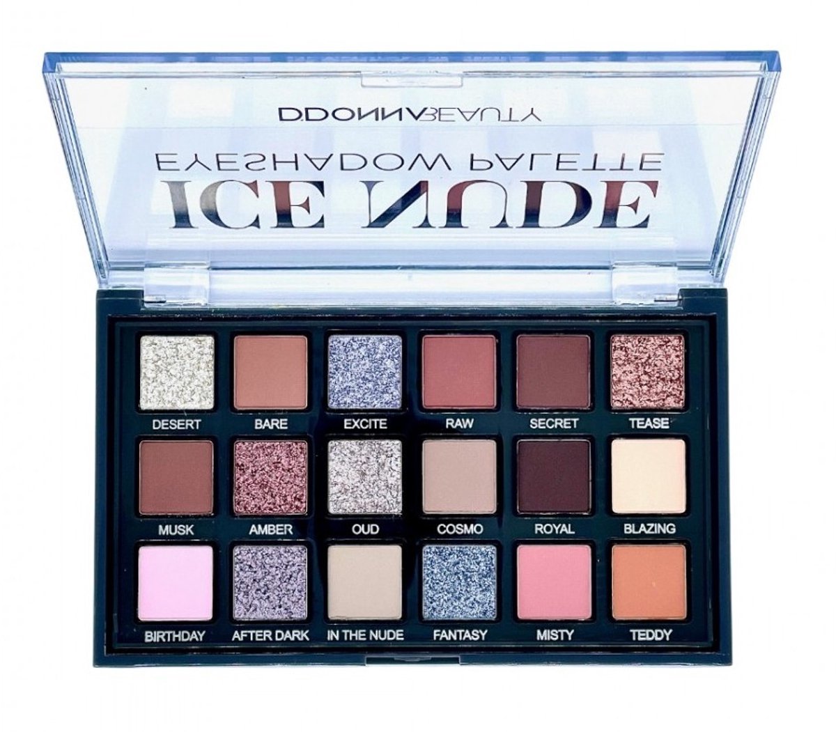 D'Donna Beauty - Ice Nude Oogschaduw Palette - 11 Matte en 7 Shimmer/Glitter - 18 Tinten Bruin - Roze - Beige - Nude - Goud - Zilver - 1 Doos 17 x 10 cm