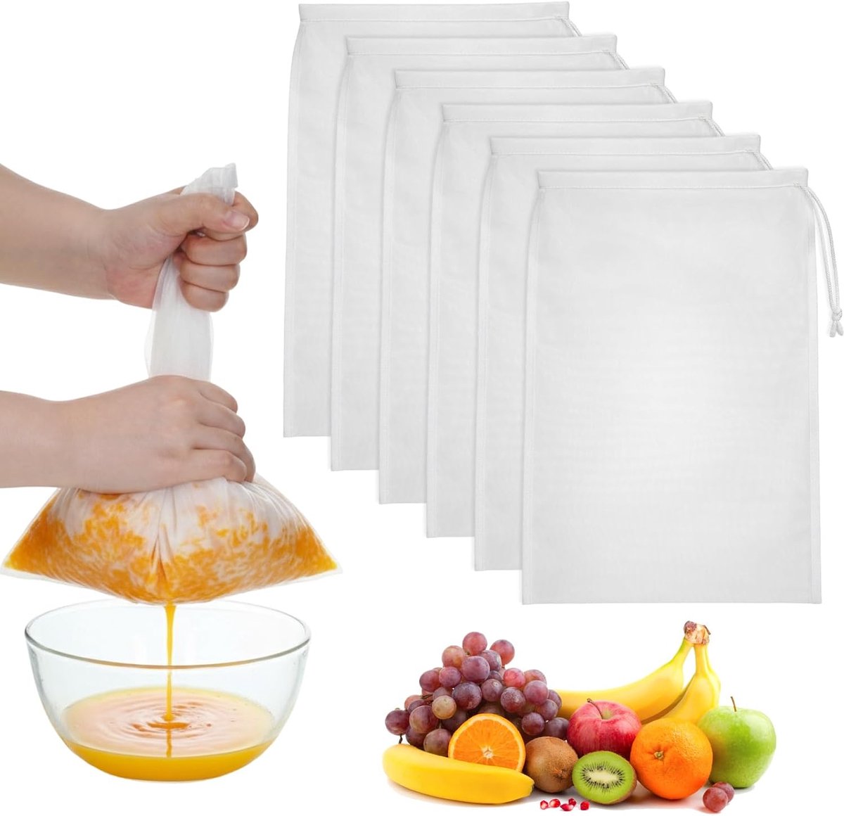 Herbruikbare Notenmelkzakken Met Trekkoord - 6 Stuks - 24x36 cm - Nylon Kaasdoek Fijnmazige Filterzak - Voor Melk - Koffie - Yoghurt - Kaas - Sap