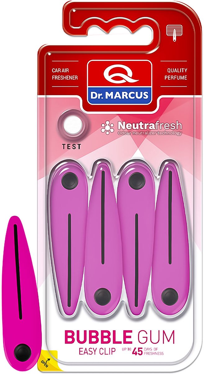 Dr. Marcus Easy Clip Bubble Gum luchtverfrisser met neutrafresh technologie - Autogeurtje voor in de auto - Tot 45 dagen geurverspreiding - 4 clips voor 4 sterktes