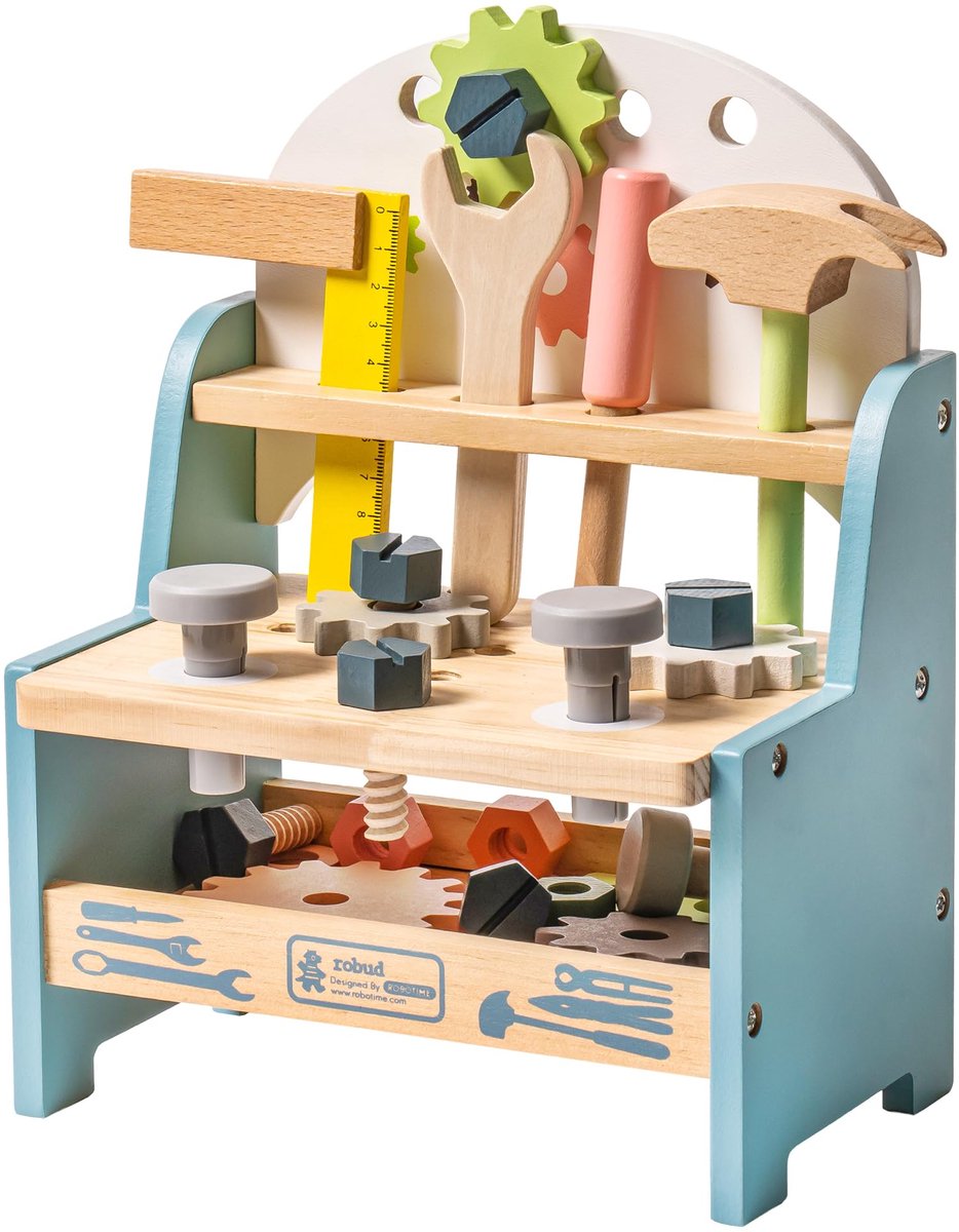Robotime - Robud Mini Wooden Play Tool Workbench Set - Easy to Assemble - Construction Toys for Boys Age 3+