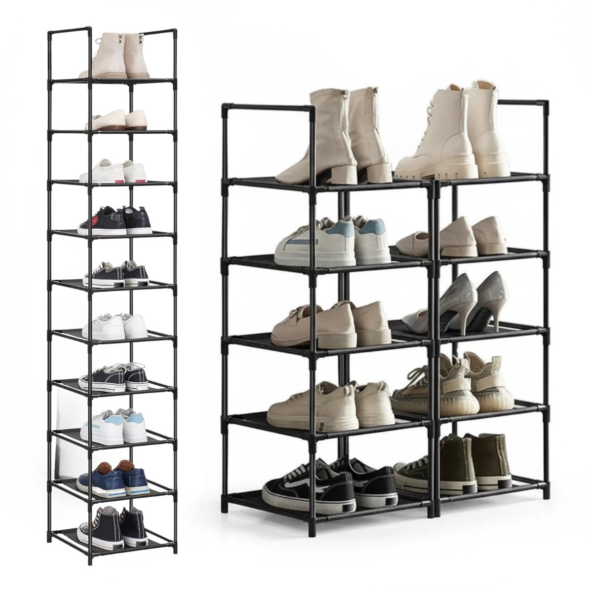 Bobbel Home Schoenenrek - Opbergen van Schoenen - Schoenenbank 10 niveaus - Open Schoenenkast - Opbergkast van Schoenen Industrieel - Smal en Hoog - 33 x 33 x 173 cm