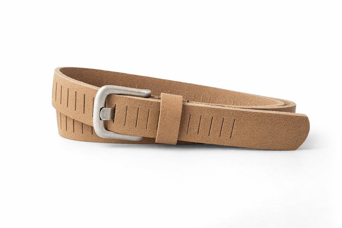 Beige Leren Riem Dames & Heren met Fijne Gleufjes – 3 cm Breed – Stoere Jeansriem van Echt Buffelleer- Maat 95 (totale lengte 110) Broekriem