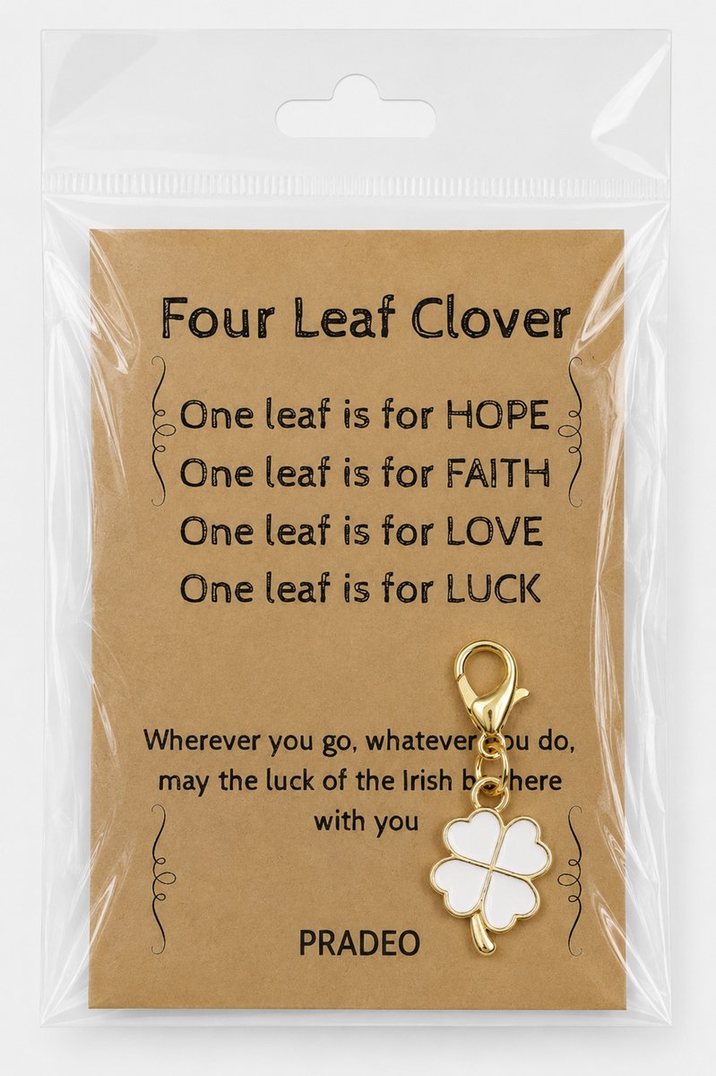 Pradeo - Klavertje Vier Sleutelhanger - Gelukshanger - Hangertje - Klavertje 4 - Four Leaf Clover - Key Chain - Pocket Hug - Klein Cadeau / Geschenk - Met Kaartje Met Tekst - Wit