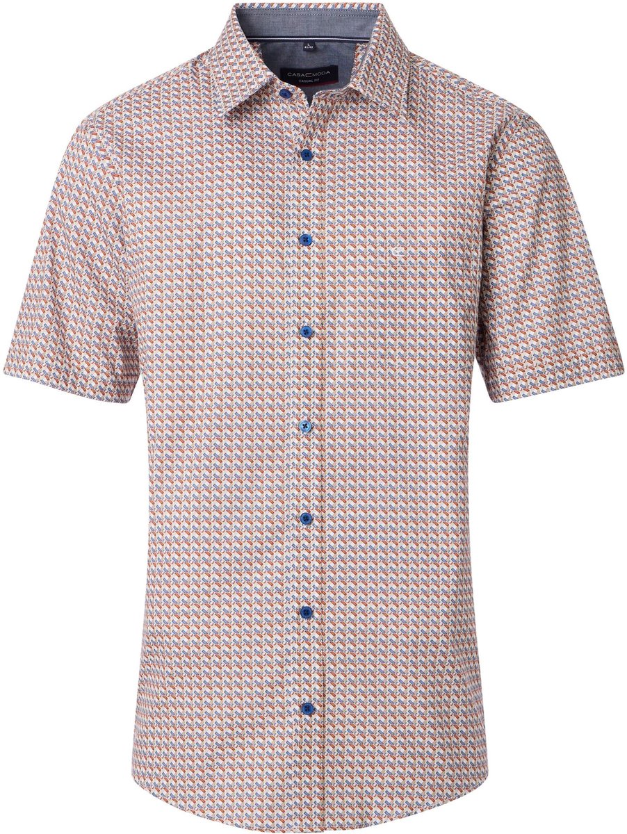 CASA MODA Sport casual fit overhemd - korte mouw - popeline - wit met rood - blauw en beige dessin - Strijkvriendelijk - Boordmaat: 53 - 54