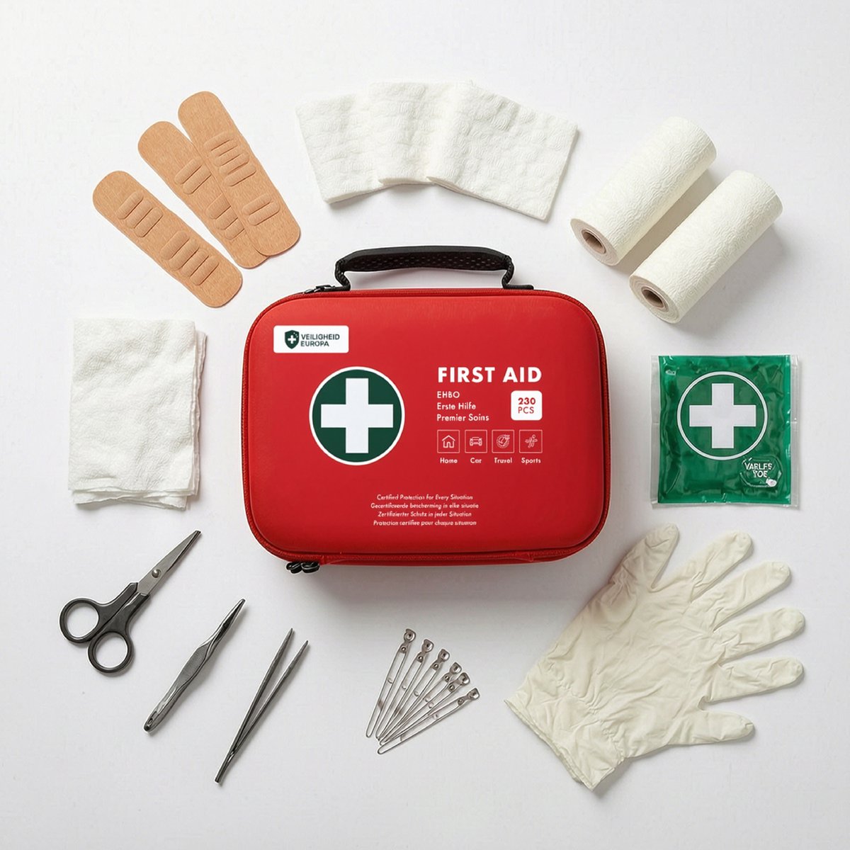 Cover van EHBO Kit 230-delig – Complete First Aid Kit – Verbanddoos voor Thuis, Auto, Reizen & Sport – Compacte Opbergcase – Rood